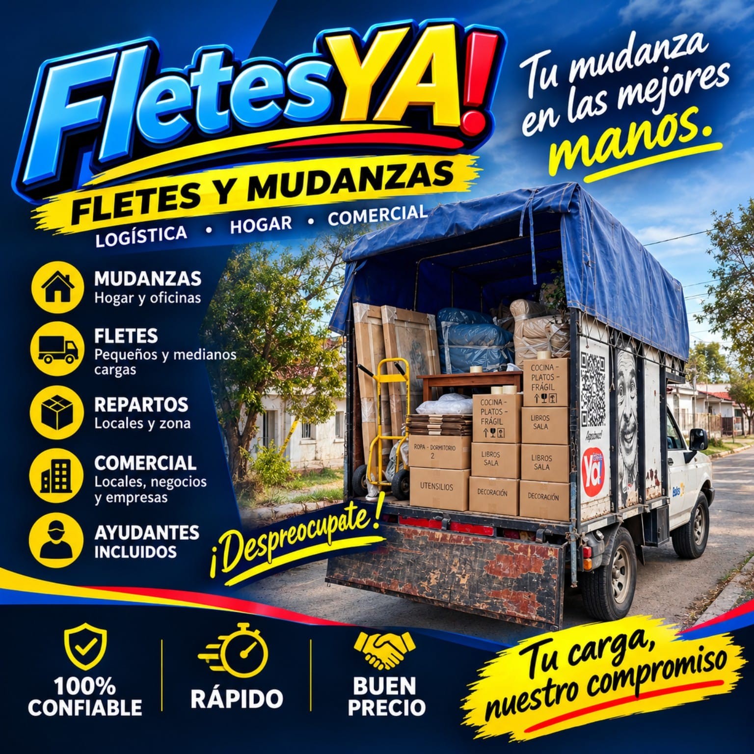 Camión de Fletes Ya! preparado para una mudanza con muebles y cajas